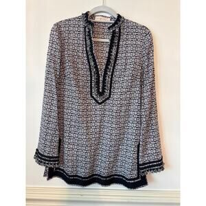 Tory Burch Patterned Cotton Tunic Black Purple Tassle Size 4 Long Sleeve Boho